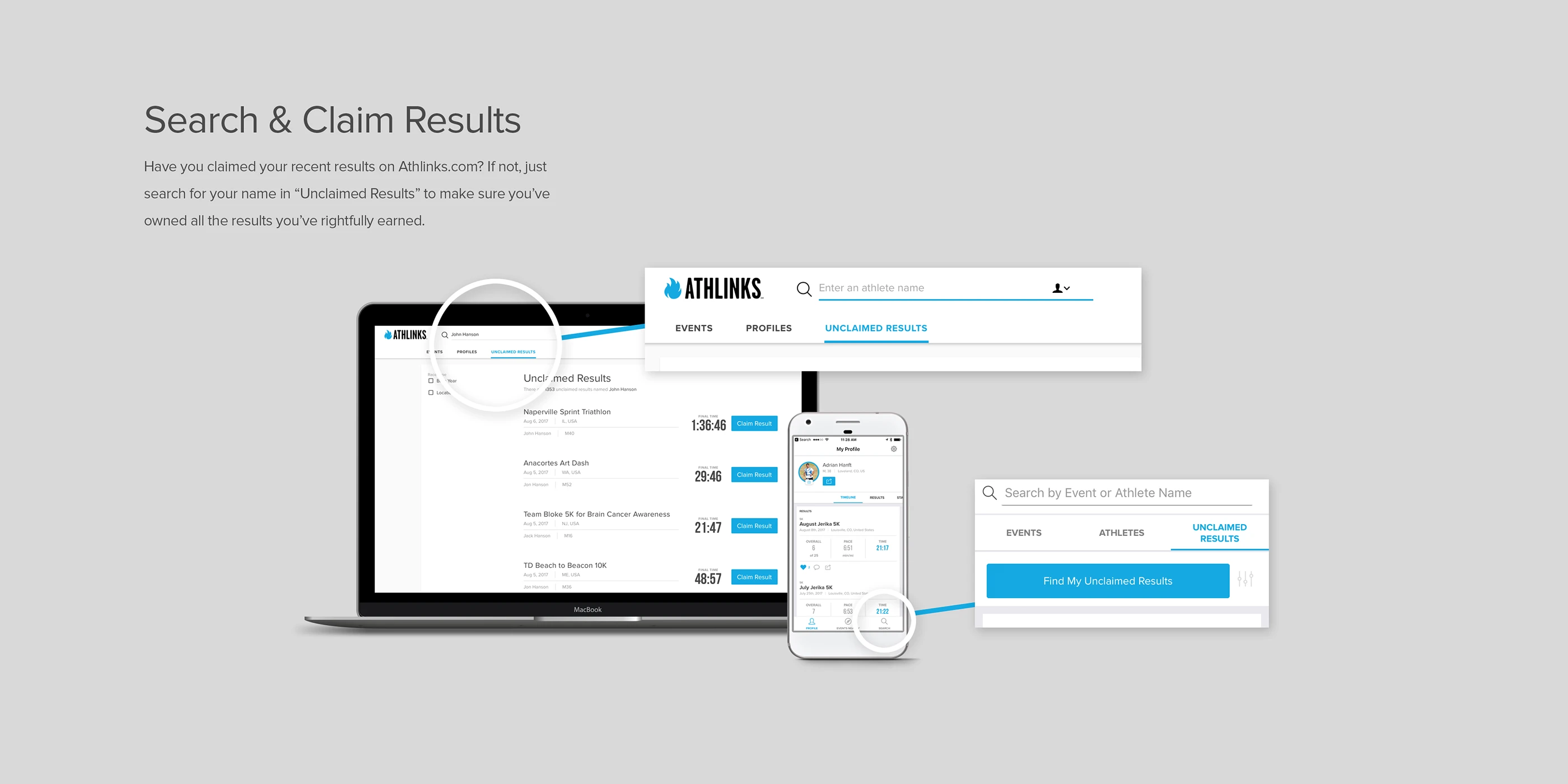 A “Search &amp; Claim Results” product layout showing the Athlinks web and mobile interfaces for finding unclaimed race results.