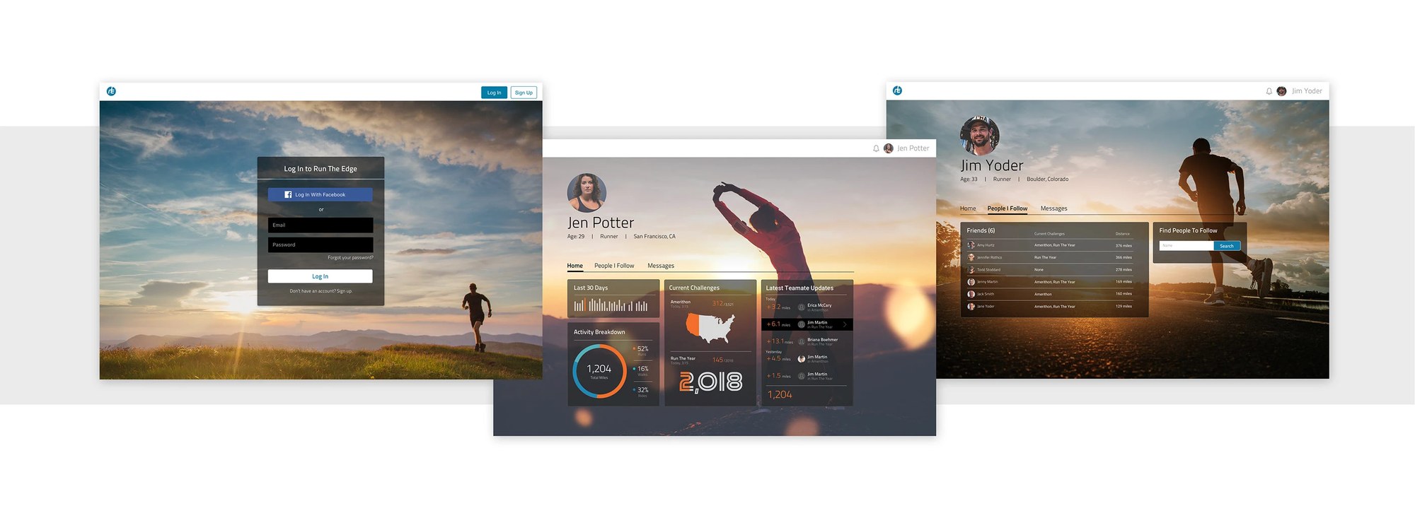Three Run The Edge web screens in a 3-D mockup — a sunrise login, a runner’s dashboard with an activity breakdown and the “Run the Year 2018” challenge map, and a member profile.