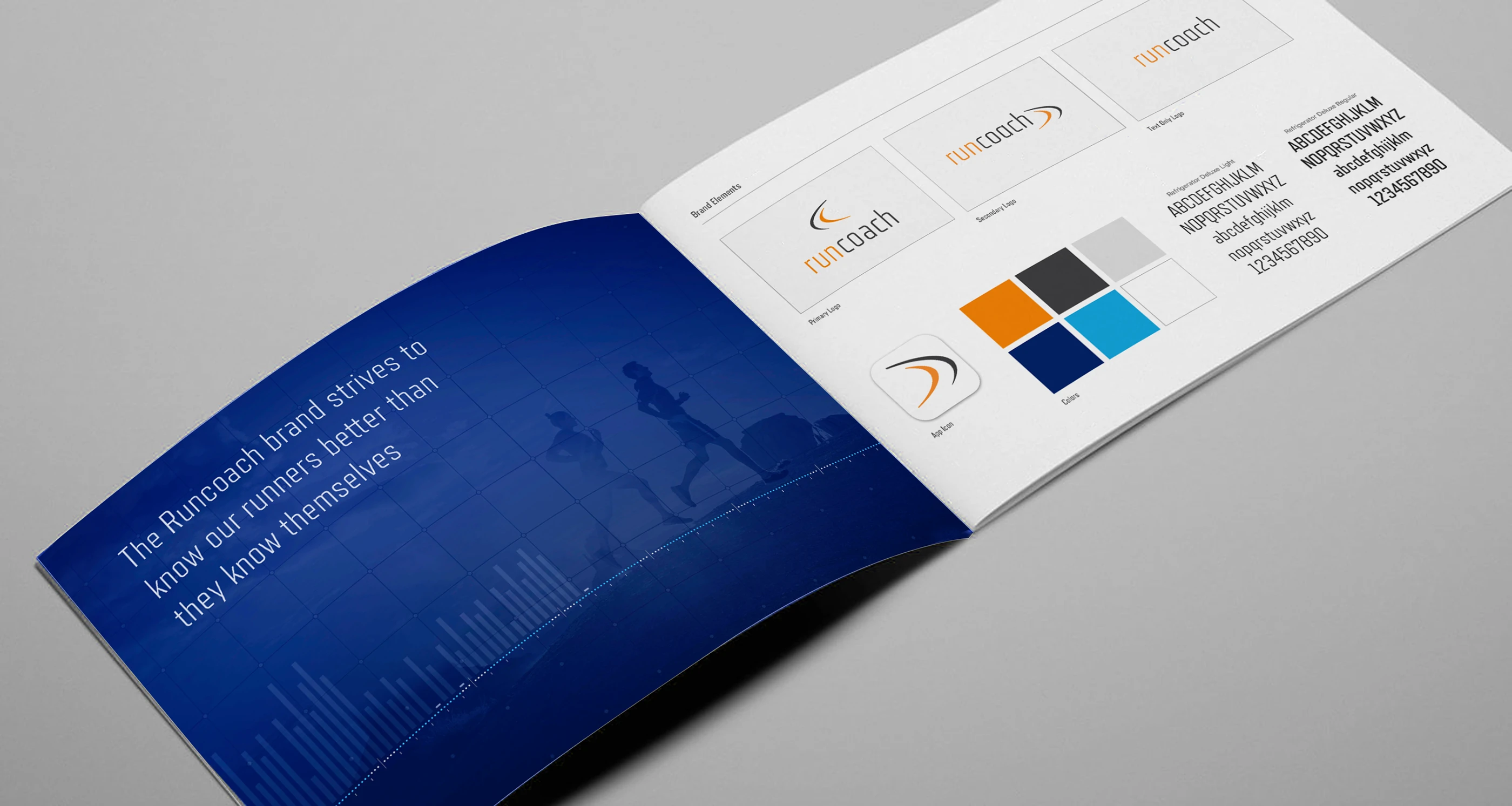 A printed Runcoach brand-guidelines booklet showing the logo, app icon, color palette, and typography against the line “The Runcoach brand strives to know our runners better than they know themselves.”