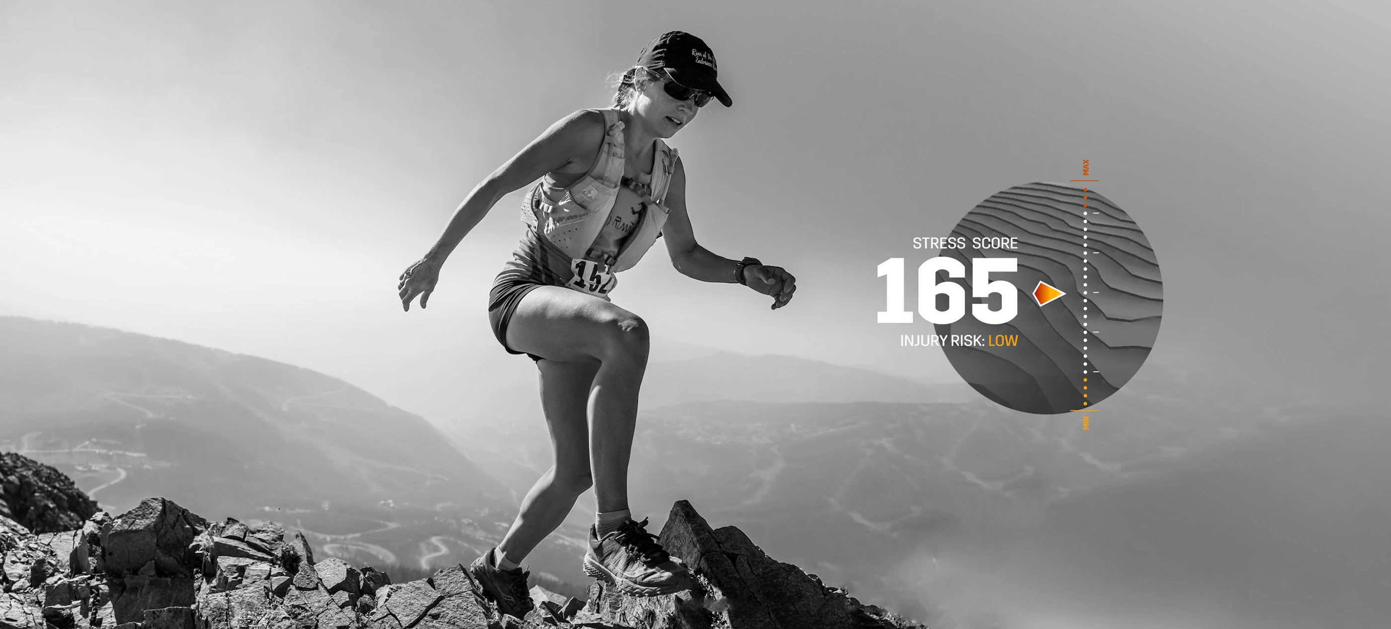 A black-and-white trail runner cresting a ridge, overlaid with a clean “Stress Score 165 / Injury Risk: Low” data graphic.