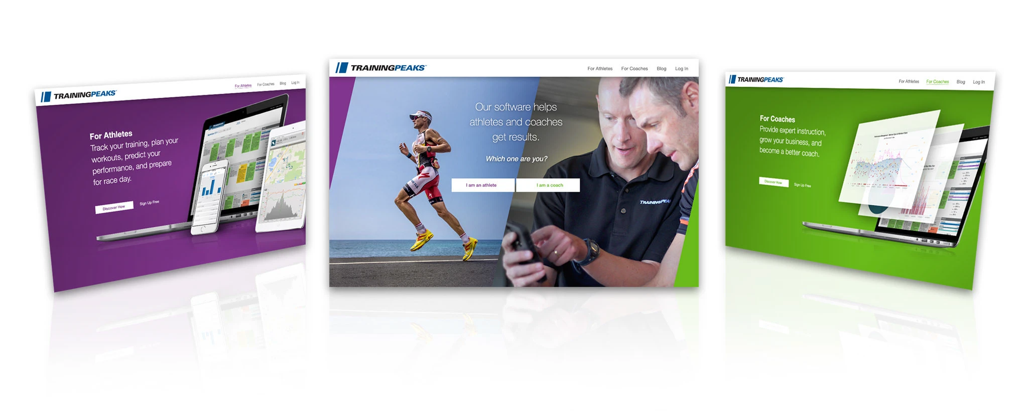 Three TrainingPeaks website states in a 3-D mockup: a purple “For Athletes” page, the main “athletes and coaches get results” hero, and a green “For Coaches” page.