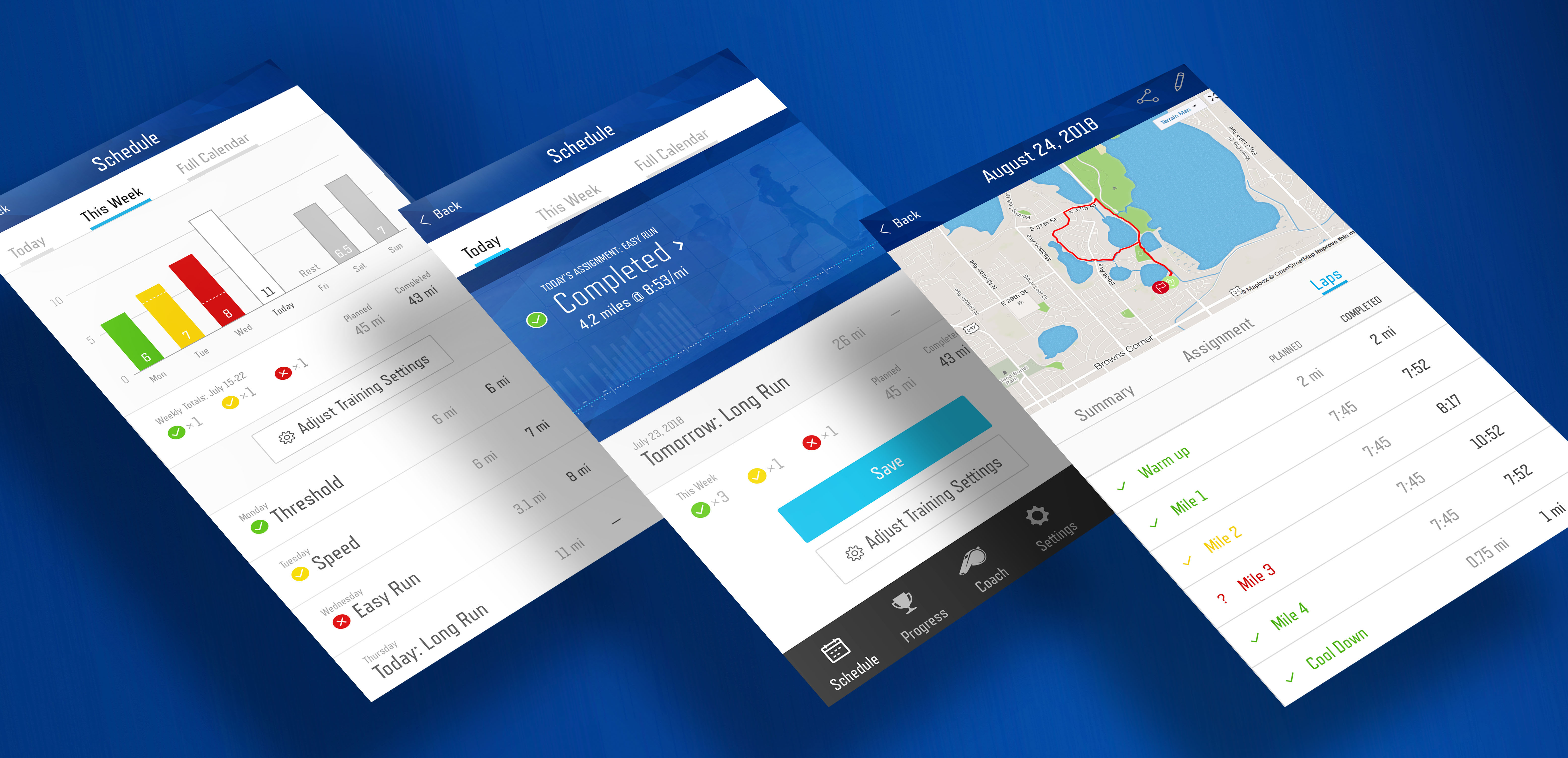 Runcoach’s app — angled screens showing the training schedule, a completed workout, and a run map.