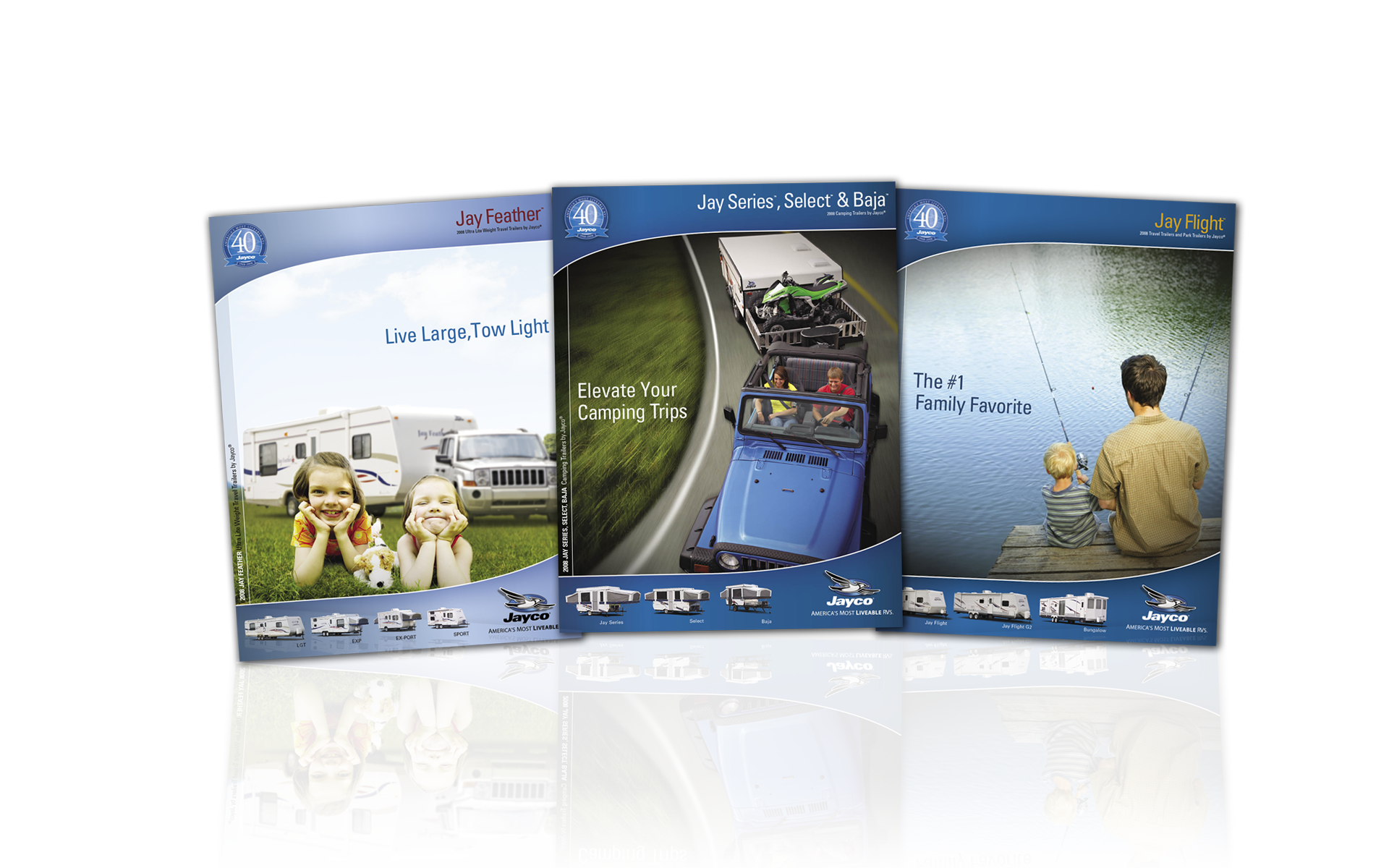 A spread of Jayco product brochures — “Jay Feather: Live Large, Tow Light,” “Jay Series, Select &amp; Baja: Elevate Your Camping Trips,” and “Jay Flight: The #1 Family Favorite” — carrying the 40-year Jayco anniversary badge.
