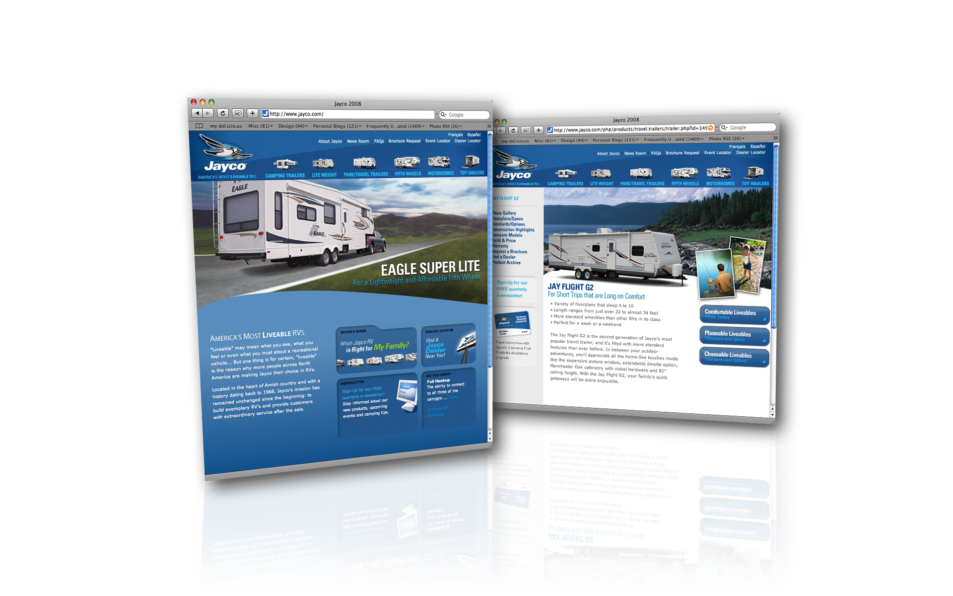 The Jayco website (jayco.com), with model navigation across the RV lineup and product pages for the “Eagle Super Lite” and “Jay Flight G2.”