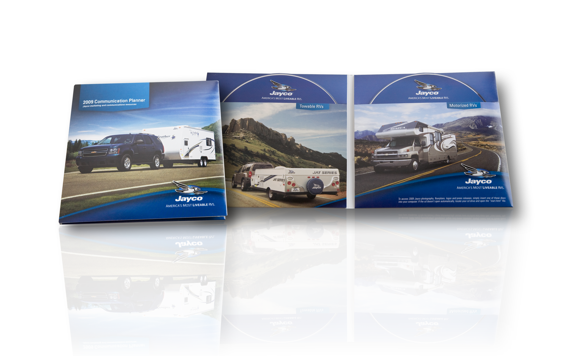 The 2009 Jayco “Communication Planner” — a dealer resource kit bundling approved photography, floorplans, logos, and press releases for towable and motorized RVs.