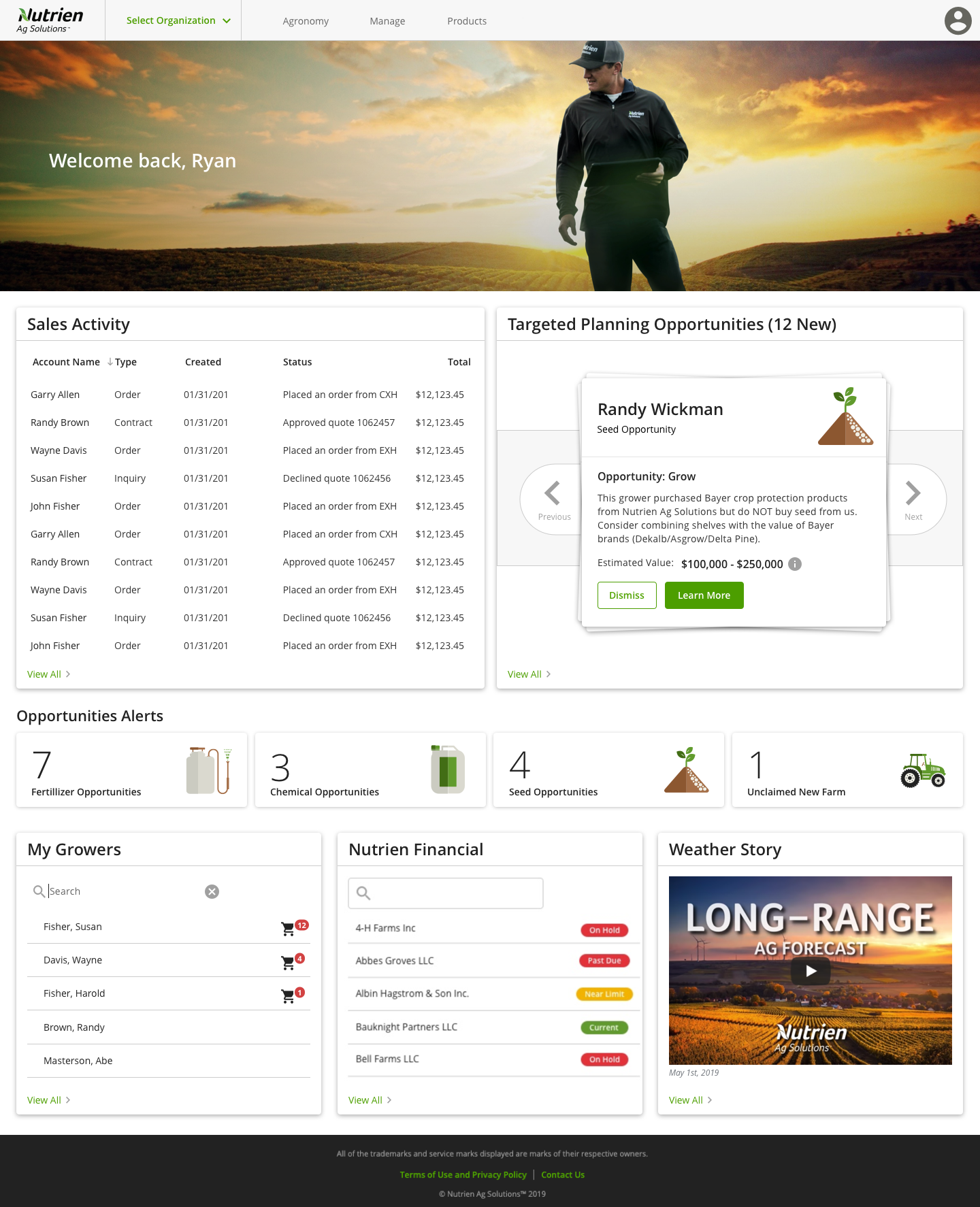 The shipped Employee Experience Hub dashboard: Sales Activity table, a Targeted Planning Opportunities widget, opportunity alerts, a grower list, financials, and a long-range weather forecast.