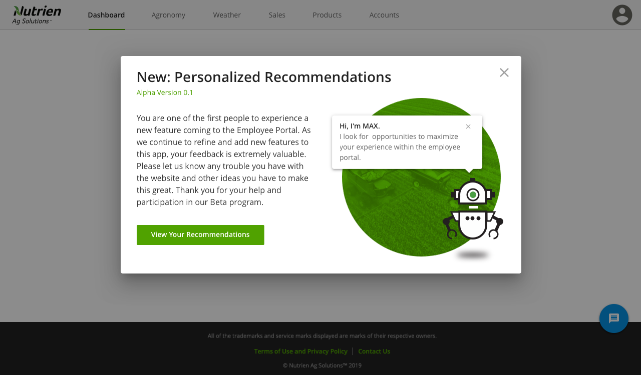 The in-product welcome modal: “New: Personalized Recommendations — Alpha Version 0.1,” explaining the beta program, with Max in the corner saying “Hi, I’m MAX. I look for opportunities to maximize your experience within the employee portal.”