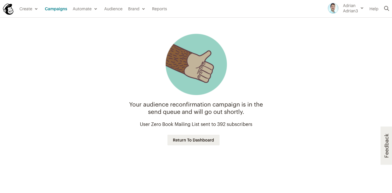 Mailchimp’s friendly illustrated high-five confirming a campaign was sent — warmth that rewards finishing a task.