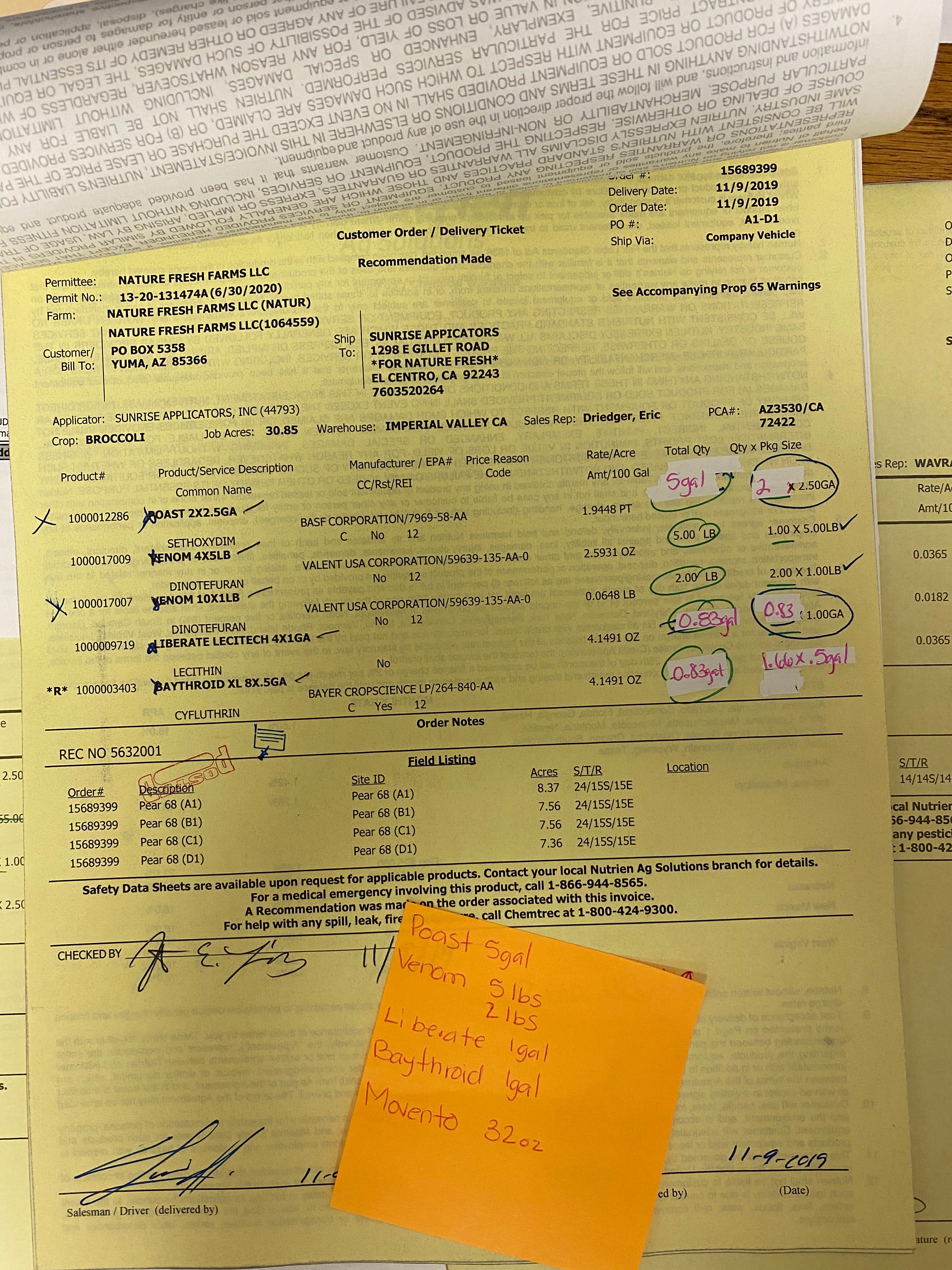 A real handwritten order/delivery ticket, marked up with corrections and a sticky note of hand-calculated quantities — the genuine complexity behind a single “simple” order.
