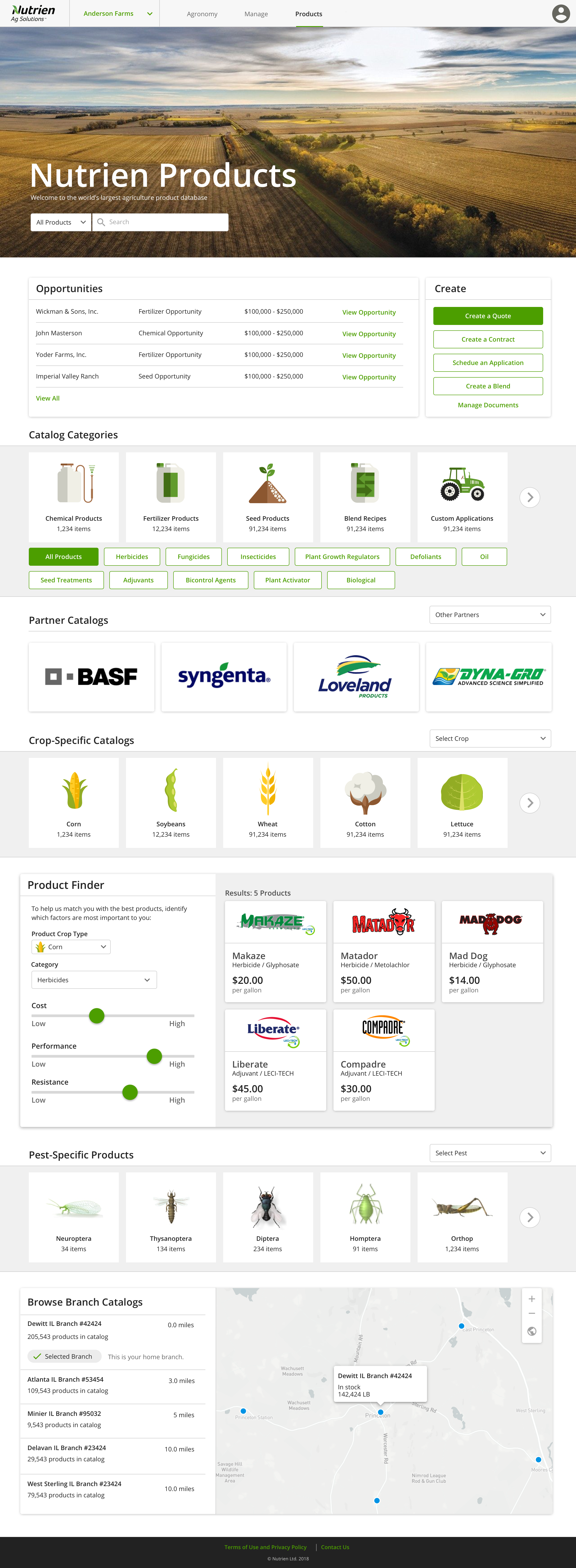 The catalog home: a product search, partner catalogs (BASF, Syngenta, Loveland), crop- and pest-specific entry points, a product finder, and branch-inventory browsing.