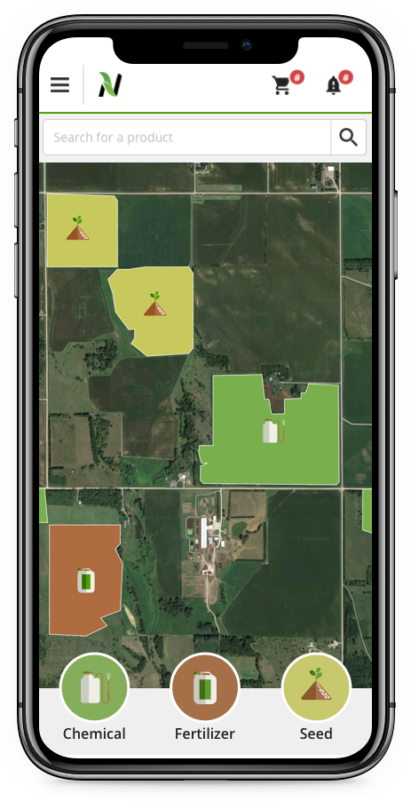 A mobile concept for the field: a map of a grower’s fields with chemical, fertilizer, and seed opportunities marked, accessible from a phone.