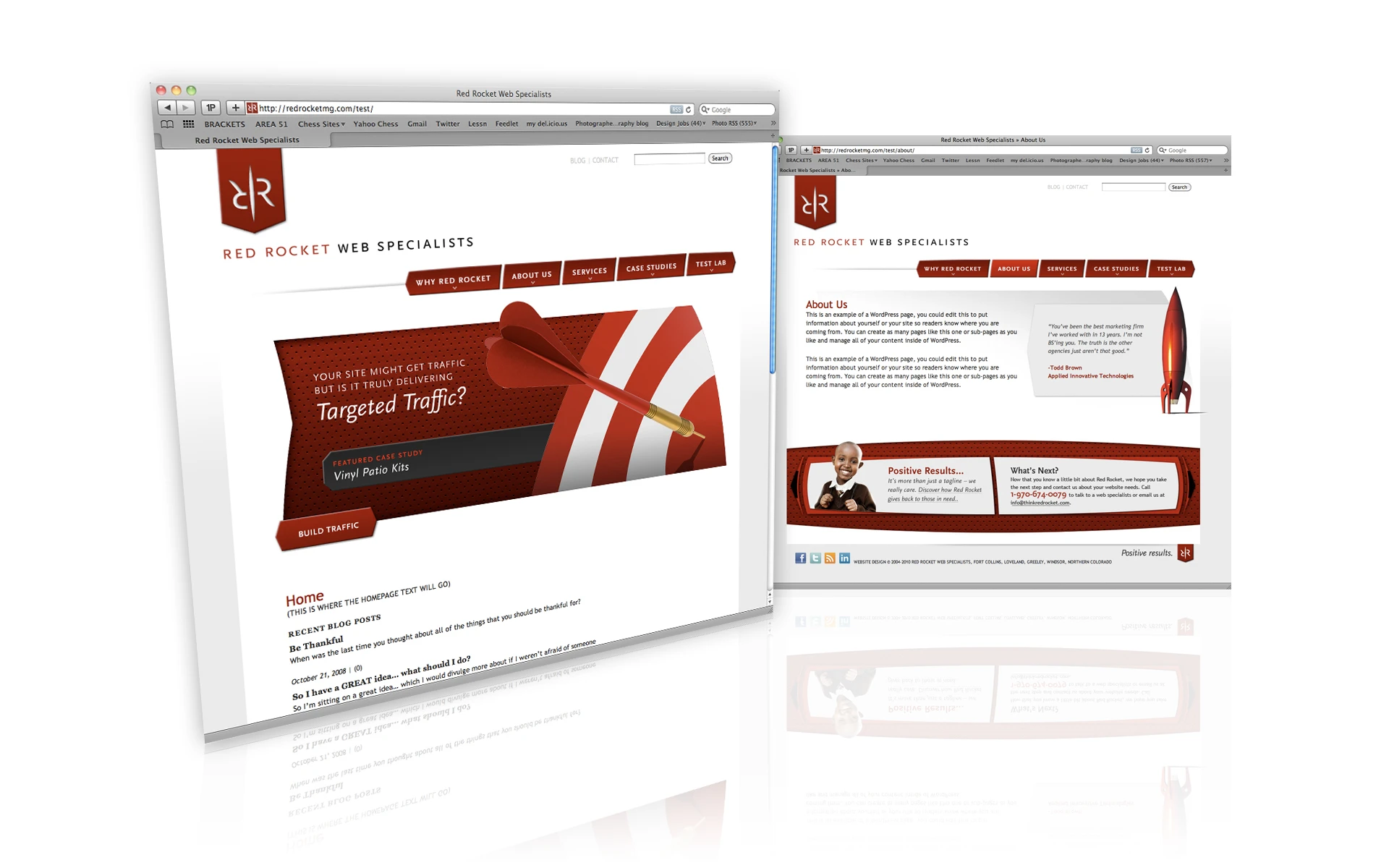 The Red Rocket website — a red, confident design built on the “RR” monogram, leading with the question “Your site might get traffic, but is it truly delivering Targeted Traffic?” and a “Positive Results” message.