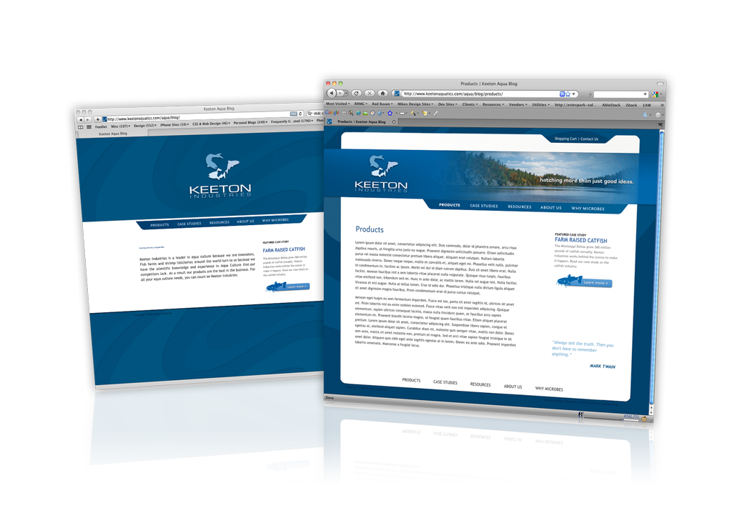 The Keeton Industries website — a deep-blue aquaculture site with product, case-study, and resource sections.