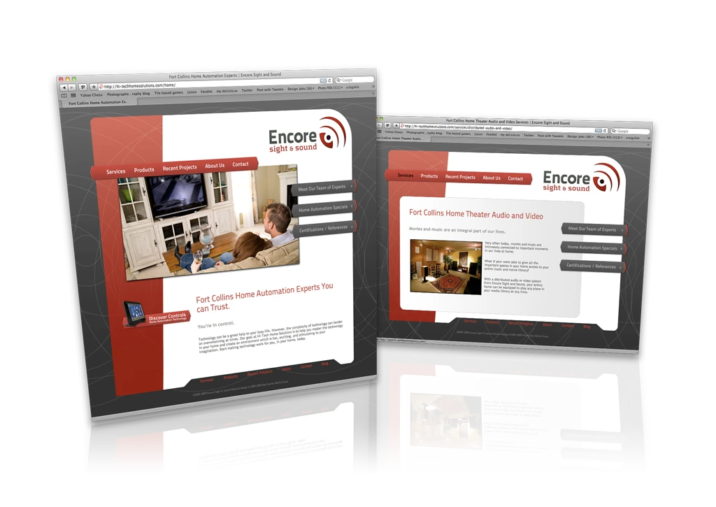 The Encore Sight &amp; Sound website — a red-and-gray home-automation site with home-theater photography and clear service navigation.