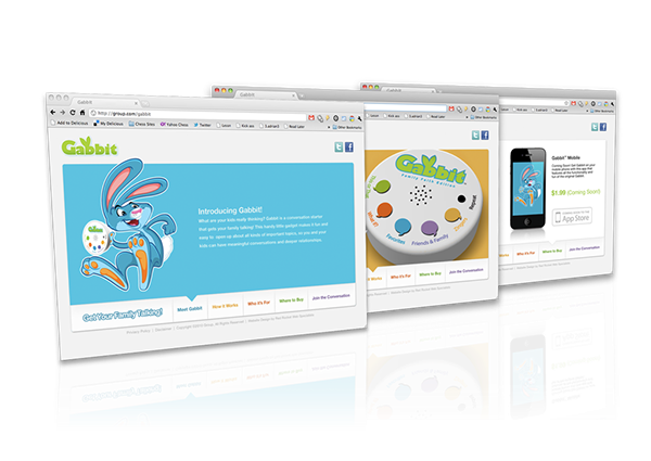 The Gabbit product website — a bright, playful design with a rabbit mascot, the conversation-starter device, and a companion mobile app.