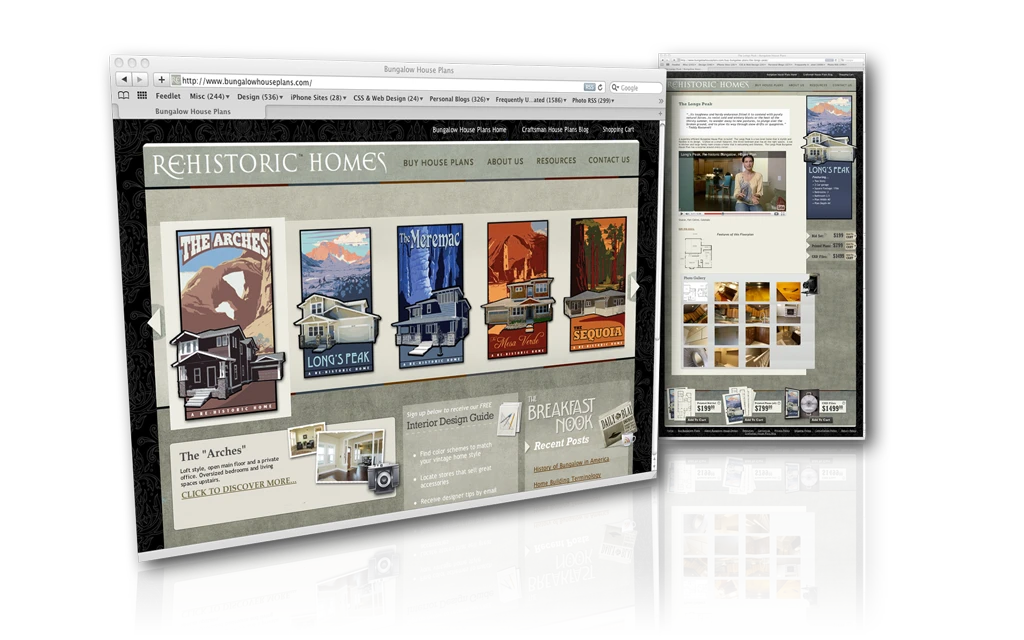 The Bungalow House Plans website — craftsman home plans presented as vintage national-park-style travel posters.