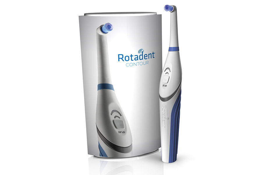 The Rotadent Contour packaging and toothbrush — a sleek silver, white, and blue electric brush beside its retail canister.