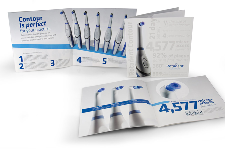 A Rotadent Contour sales brochure spread, with the campaign’s signature statistics — 4,577 micro-access filaments, 1,350 revolutions per minute, 360° rotation, 92% of plaque gone in the first minute — set as bold typography.