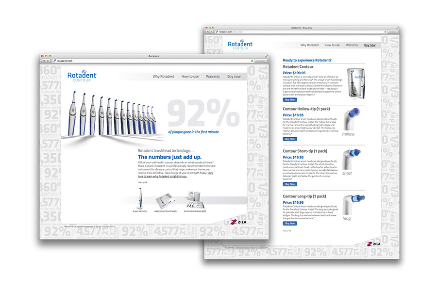 The Rotadent.com website — “92% of plaque gone in the first minute / The numbers just add up,” with product pages and a numbers-pattern background.