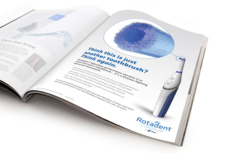A Rotadent Contour magazine ad — “Think this is just another toothbrush? Think again.” — with a dramatic close-up of the brush filaments.