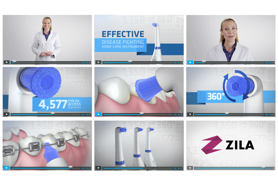Frames from the Rotadent Contour launch video — clinician presenters intercut with 3D animation of the brush head, 4,577 filaments, and 360° rotation.