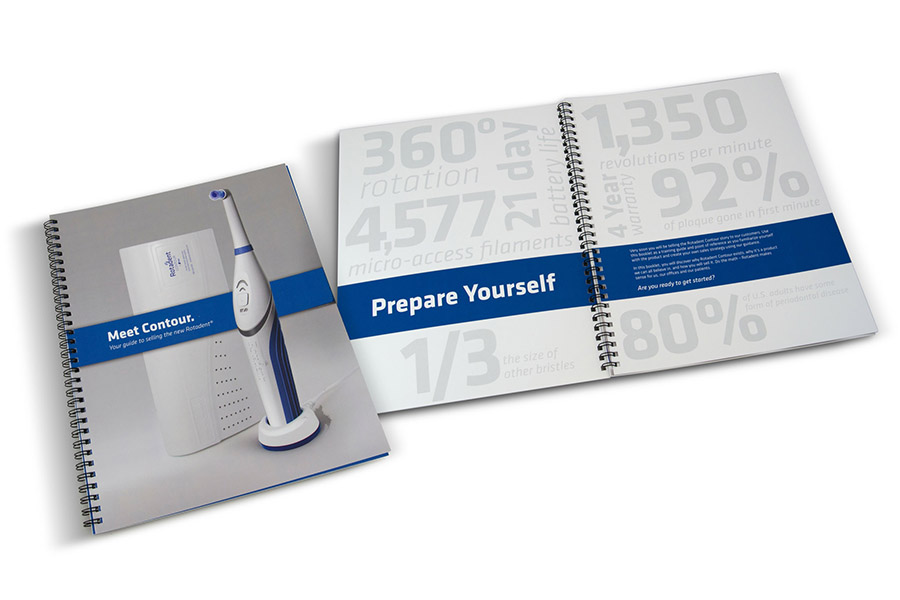 The “Meet Contour” sales training manual — “Your guide to selling the new Rotadent” — open to a “Prepare Yourself” spread of the campaign statistics.