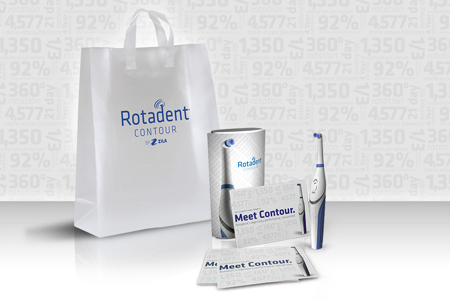 Rotadent Contour launch kit and direct-mail pieces — a branded bag and “Meet Contour” mailers on the numbers-pattern background.