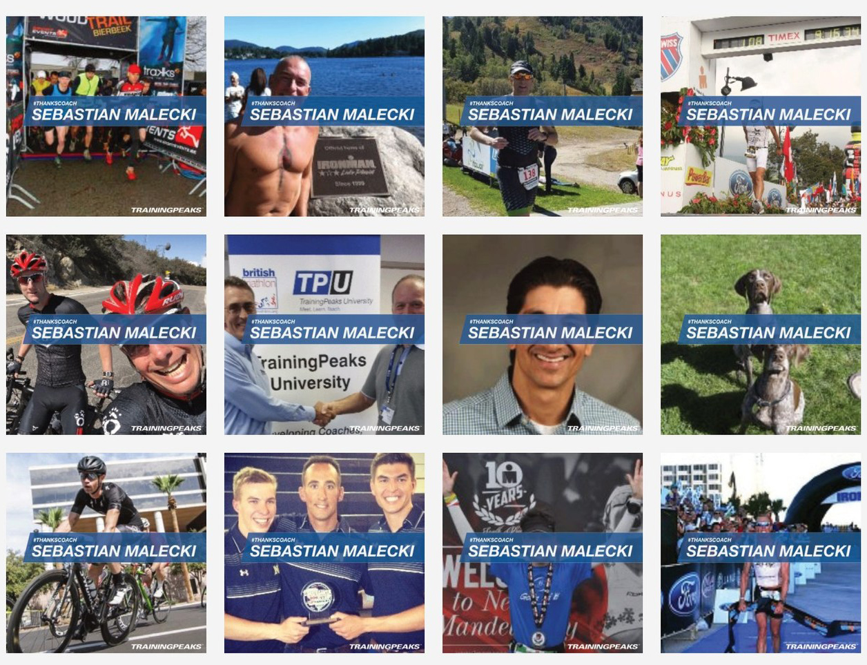 A grid of early #ThanksCoach experiments applied to a dozen real-world athlete photos — race finish lines, training rides, podium shots, even a dog — showing how the design held up (or didn’t) against unpredictable user-submitted imagery.
