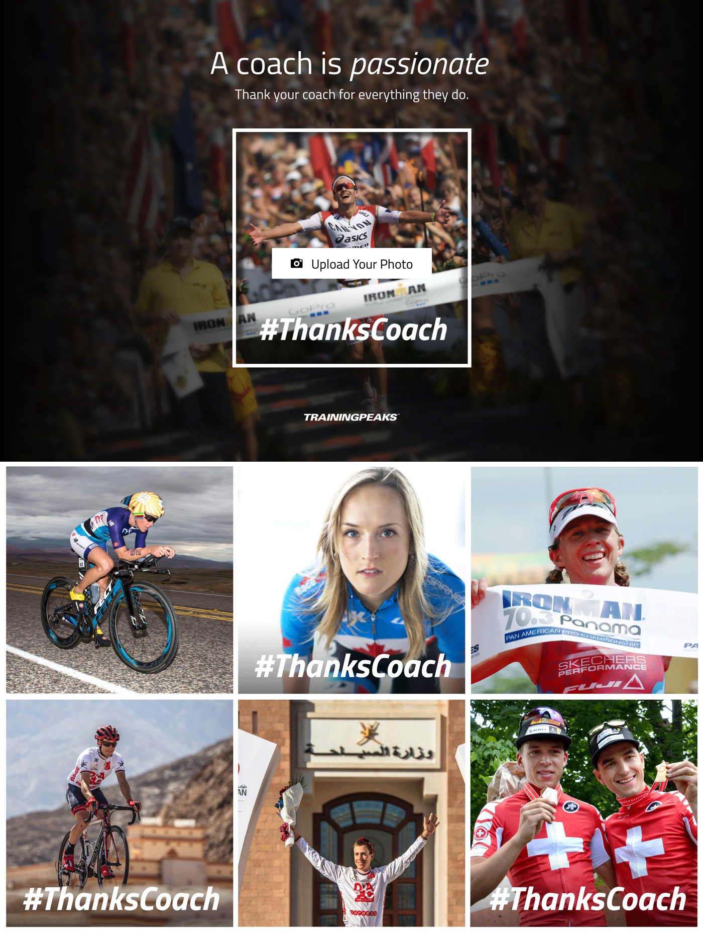 The finished #ThanksCoach microsite: the black-and-white hero, a grid of featured athlete submissions each stamped #ThanksCoach, and a “Need a coach?” Coach Match promo woven into the page.