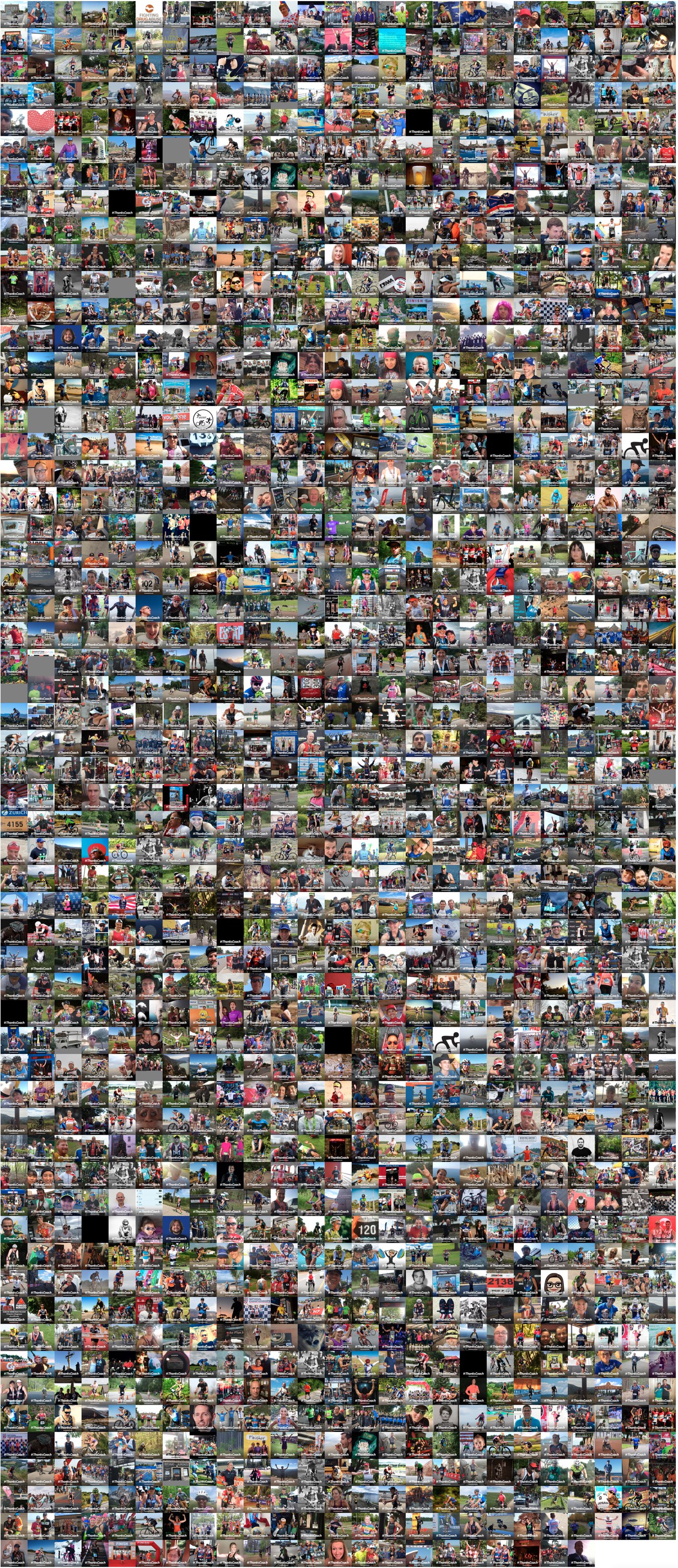A dense mosaic of thousands of user-generated #ThanksCoach images — a wall of athletes, coaches, races, and training moments, each one a submission to the campaign.