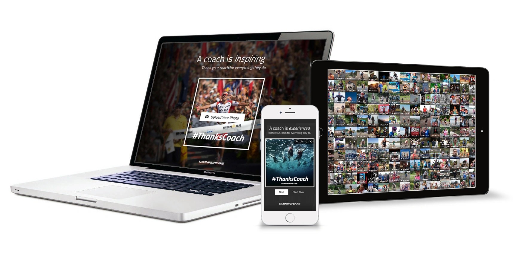 The #ThanksCoach microsite shown responsively across a laptop, tablet, and phone — the black-and-white hero on desktop and the submissions mosaic filling the tablet screen.