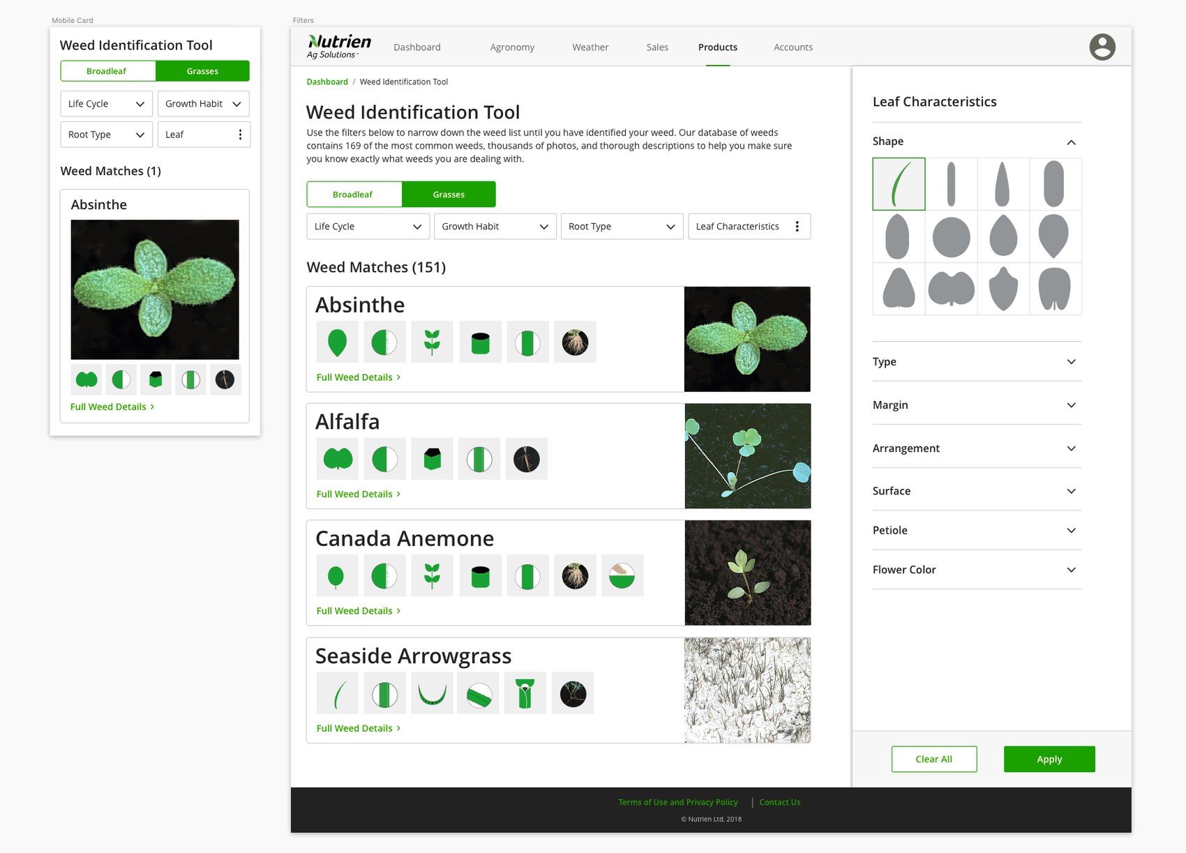 The Weed Identification Tool inside Nutrien’s platform — a list of weed matches with attribute icons and thumbnails on the left, and a visual “Leaf Characteristics” panel on the right where the user picks a leaf shape, type, margin, and arrangement to narrow the results.