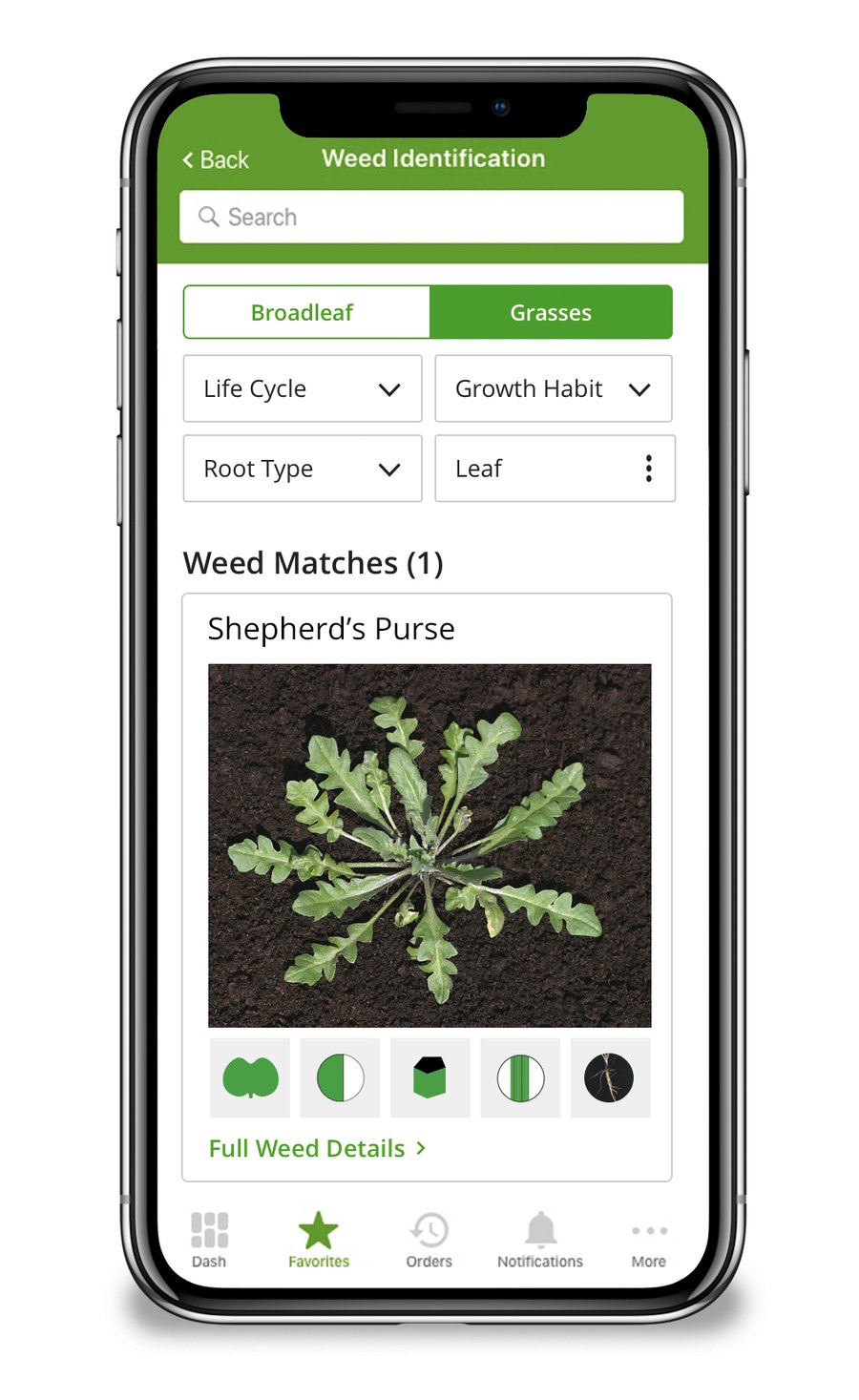 An iOS screen showing a successful attribute-based match — “Weed Matches (1): Shepherd’s Purse” with a photo and characteristic icons — demonstrating how a consultant narrows to an answer on a phone using broadleaf/grass and leaf filters.